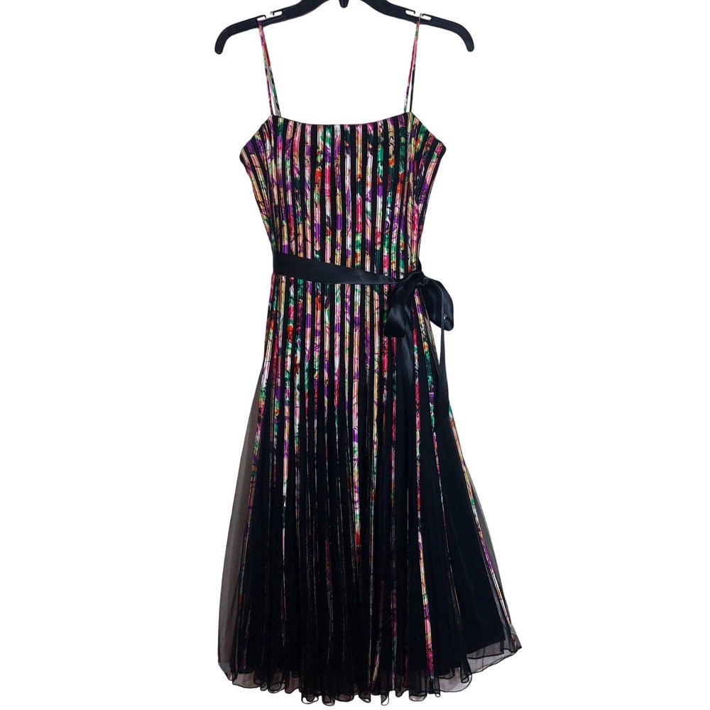 EUC JS Collections Floral Pleated Belt Midi Dress Spaghetti Strap Satin Size 10 - Picture 5 of 15